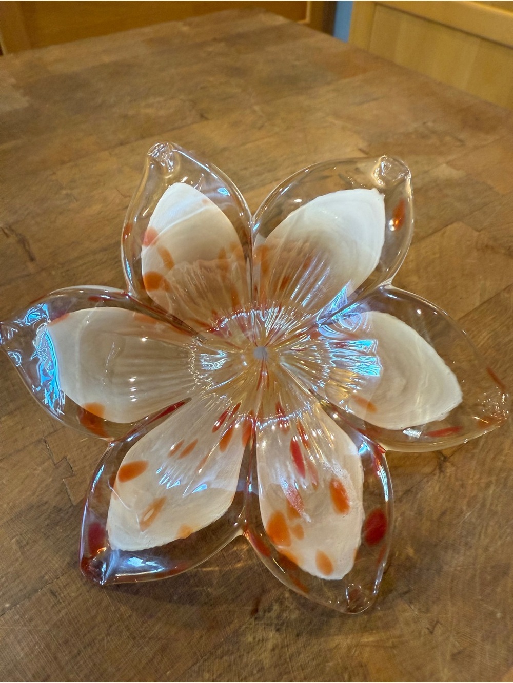 Murano Art Hand-Blown Glass Flower White and Orange Paper Weight